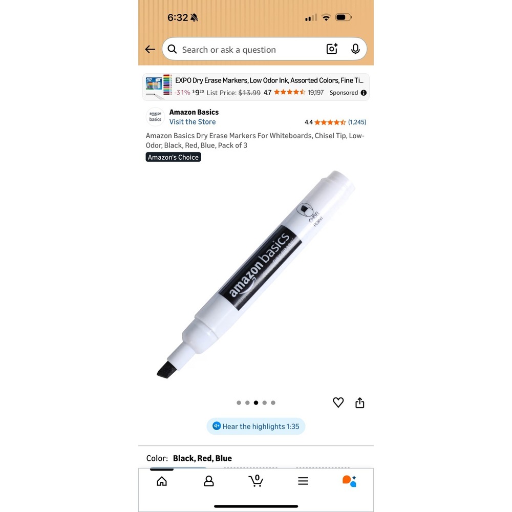Amazon Basics Dry Erase Markers Chisel Tip Low Odor‎ Black Red Blue 3 Packs of 3 - Picture 6 of 8